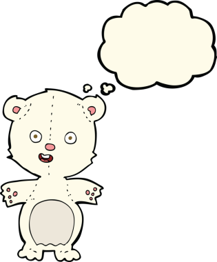 Bir insan tarafından çizilmiş düşünce baloncuklu şirin kutup ayısı çizgi filmi.