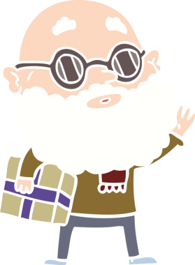 Düz renkli çizgi film meraklısı, sakallı, güneş gözlüklü ve bir insan tarafından çizilmiş.