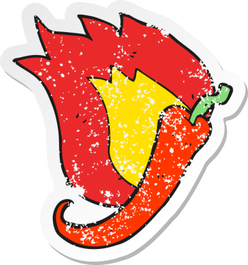 Bir insan tarafından çizilmiş kızgın kırmızı biber karikatürünün retro sıkıntılı çıkartması.