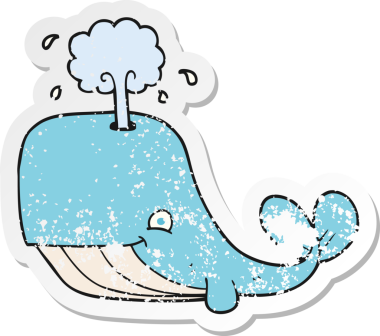 Bir insan tarafından çizilmiş suyu püskürten karikatür balinasının geriletilmiş yapıştırması.