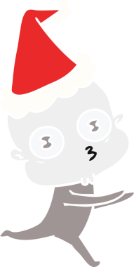 Bir insan tarafından çizilmiş Noel Baba şapkasıyla koşan kel bir uzaylının el çizimi düz renk çizimi.