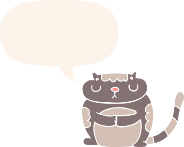 Konuşma baloncuğu olan sevimli çizgi film kedisi bir insan tarafından çizilmiş.