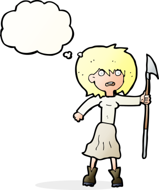 Bir insan tarafından çizilmiş düşünce balonlu zıpkınlı karikatür kadın.