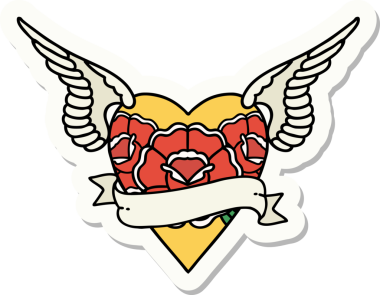 Geleneksel kalp stili dövme çıkartması. Kanatları, çiçekleri ve insan sancağıyla çizilmiş.