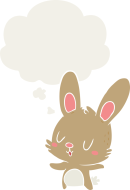 Bir insan tarafından çizilmiş düşünce baloncuklu sevimli çizgi film tavşanı.