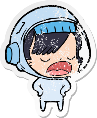 Bir astronot kadının insan tarafından çizildiğini açıklayan bir karikatür çıkartması.