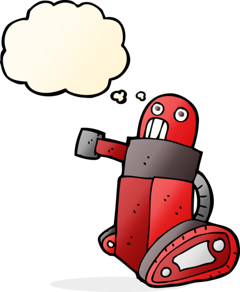 Bir insan tarafından çizilmiş düşünce baloncuklu çizgi film tankı robotu.