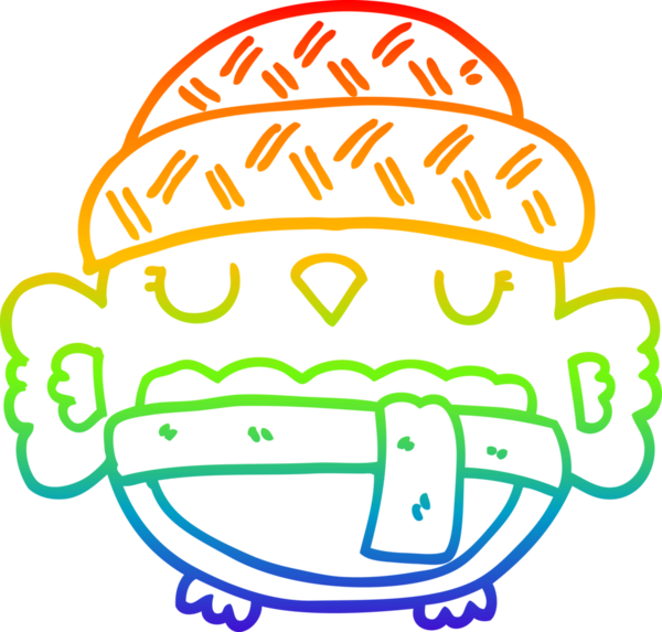 Gökkuşağı gradyan çizgisi bir insan tarafından çizilmiş şapkalı sevimli bir baykuş çizimi