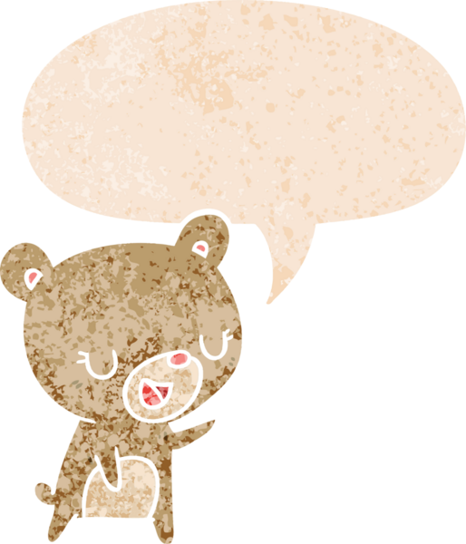 Bir insan tarafından çizilmiş grunge sıkıntılı retro biçimli konuşma balonu ile çizgi film ayısı