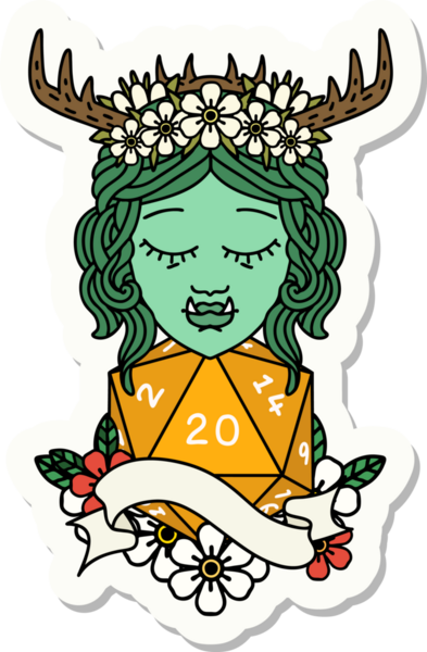 Bir insan tarafından çizilmiş 20 zarlı yarı ork Druid karakterinin çıkartması.