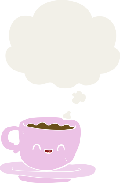 Düşünce baloncuklu bir fincan sıcak kahve insan tarafından çizilmiş.