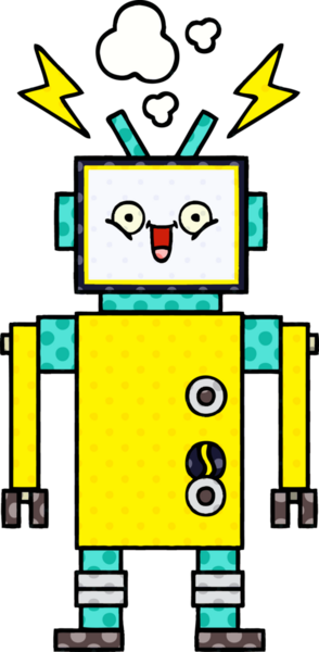 Bir insan tarafından çizilmiş mutlu bir robotun çizgi romanı.
