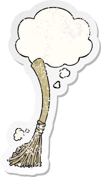 Düşünce baloncuklu çizgi film sihirli süpürgesi insan tarafından çizilmiş yıpranmış bir çıkartma gibi.
