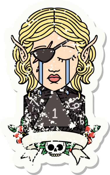 Ağlayan bir elf haylaz karakterinin grunge çıkartması. Doğal bir D20 ruloyla bir insan tarafından çizilmiş.