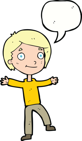 Bir insan tarafından çizilmiş konuşma balonu olan heyecanlı bir çocuk.