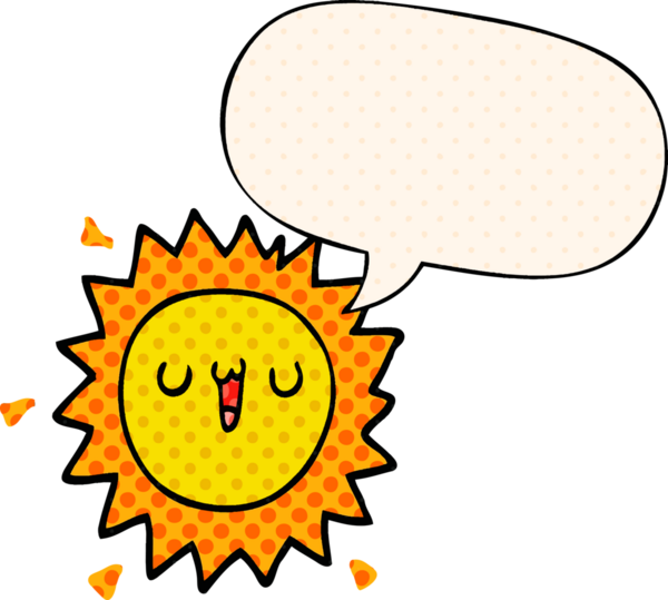 Bir insan tarafından çizilmiş çizgi roman tarzında konuşma baloncuğu olan bir çizgi film güneşi.