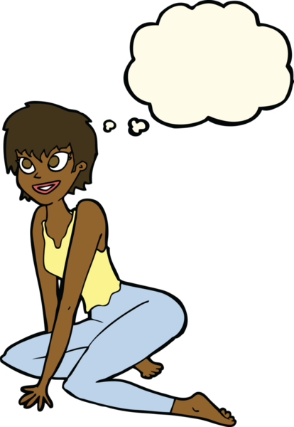 Bir insan tarafından çizilmiş düşünce baloncuğuyla yerde oturan mutlu çizgi film kadını.