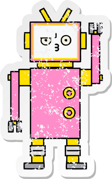 Bir insan tarafından çizilmiş sevimli bir robot çizgi film çıkartması.