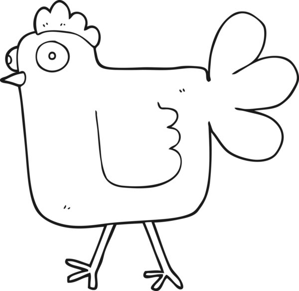 Bir insan tarafından çizilmiş siyah beyaz çizgi film tavuğu.