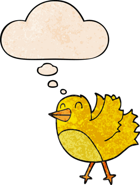 Bir insan tarafından çizilmiş grunge desenli düşünce baloncuklu çizgi film kuşu.