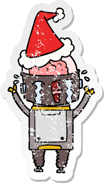 Bir insan tarafından çizilmiş Noel Baba şapkası takan ağlayan bir robotun el yazısı.