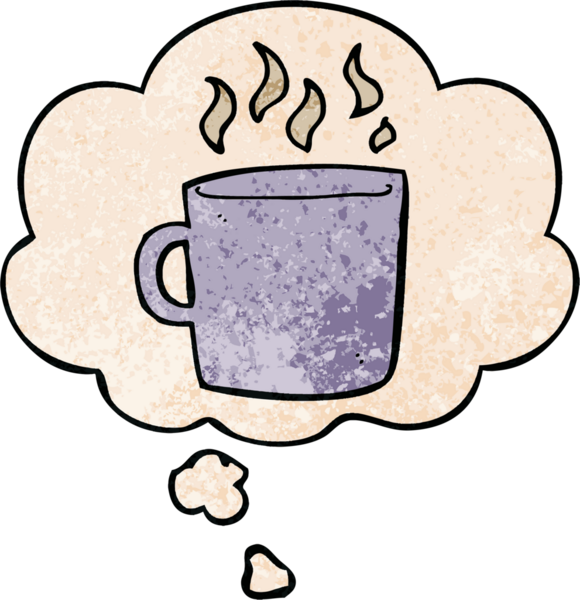 Bir insan tarafından çizilmiş, grunge desenli, düşünce baloncuklu sıcak kahve.