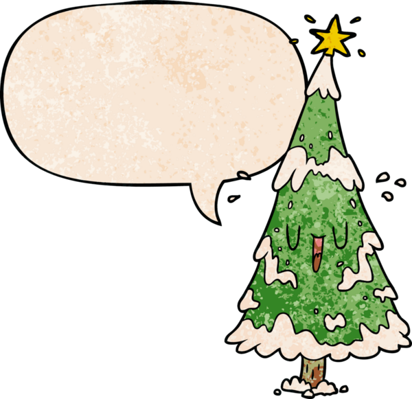 Karlı bir karlı Noel ağacı, gülen yüzlü, eski moda konuşma baloncuklu bir insan tarafından çizilmiş.