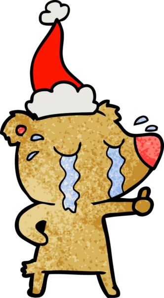 Ağlayan bir ayının insan tarafından çizilmiş Noel Baba şapkası giydiği el çizimi bir çizgi film.