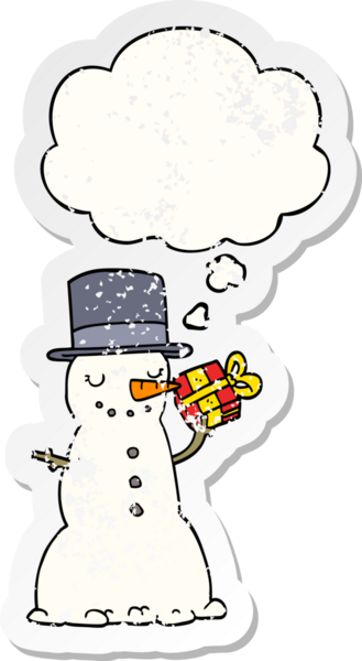 Düşünce baloncuğu olan kardan adam, insan tarafından çizilmiş yıpranmış bir çıkartma.