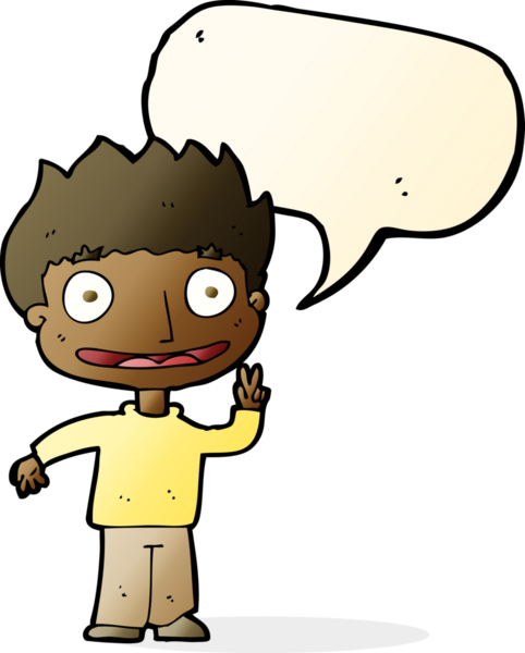 Bir insan tarafından çizilmiş konuşma balonu olan mutlu bir çocuk.