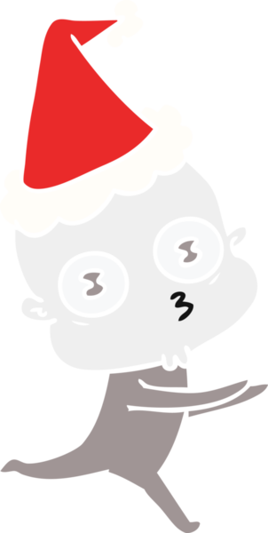 Bir insan tarafından çizilmiş Noel Baba şapkasıyla koşan kel bir uzaylının el çizimi düz renk çizimi.
