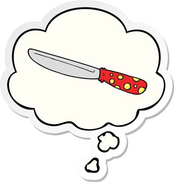 Düşünce baloncuklu çizgi film bıçağı insan tarafından çizilmiş bir çıkartma.