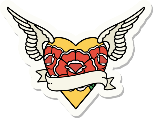 Geleneksel kalp stili dövme çıkartması. Kanatları, çiçekleri ve insan sancağıyla çizilmiş.