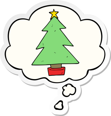 Düşünce baloncuğu insan tarafından çizilmiş bir çıkartma olan karikatür Noel ağacı.