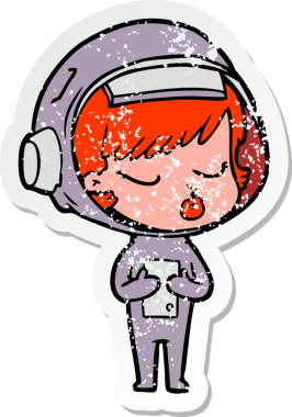 Bir karikatür çıkartması. Bir insan tarafından çizilmiş güzel astronot kız.