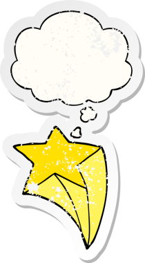 Düşünce baloncuğu olan çizgi film yıldızı bir insan tarafından çizilmiş yıpranmış bir çıkartma.