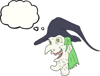 Bir insan tarafından çizilmiş serbest çizilmiş düşünce kabarcığı karikatürü gıdaklayan cadı.