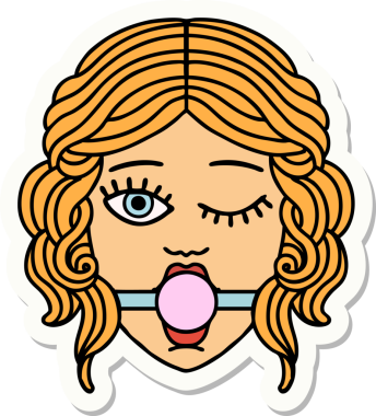 Geleneksel bir dövme stili. Göz kırpan kadın yüzü. Bir insan tarafından çizilmiş top şakası.