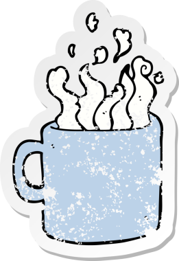 Bir insan tarafından çizilmiş sıcak bir fincan kahvenin sıkıntılı çıkartması.