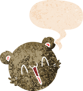 Bir insan tarafından çizilmiş grunge sıkıntılı retro tarzı konuşma baloncuğu ile sevimli oyuncak ayı yüzlü çizgi film