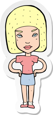 Çizgi film çıkartması. Bir insan tarafından çizilmiş rahatsız bir kadın.