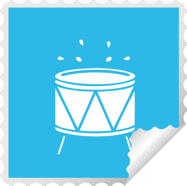 Bir insan tarafından çizilmiş davulun kare soyulmuş etiket karikatürü