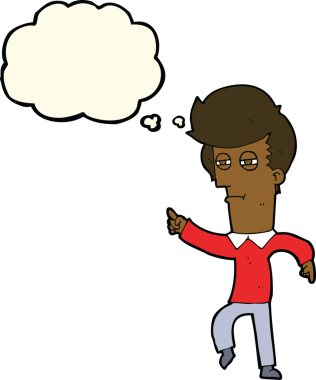 Bir insan tarafından çizilen düşünce baloncuğuyla suçlanan çizgi film adamı.