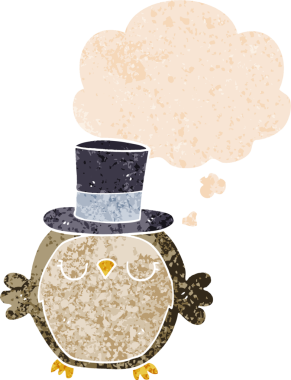 Düşünce baloncuklu silindir şapkalı bir baykuş grunge 'da sıkıntılı eski moda bir insan tarafından çizilmiş.