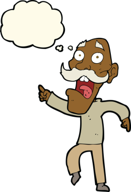 Çizgi film, bir insan tarafından çizilmiş düşünce balonuyla korkmuş yaşlı bir adam.