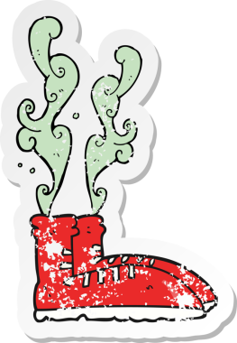 Bir insan tarafından çizilmiş eski, sıkıntılı, kokuşmuş spor ayakkabıların çıkartması.