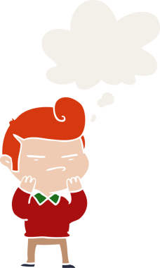 Çizgi filmdeki havalı adam, saç kesimi, düşünce baloncuğuyla insan tarafından çizilmiş.