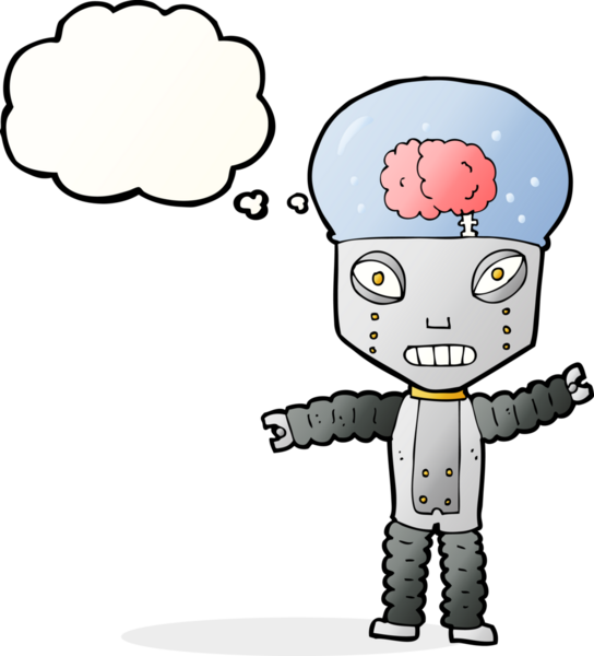 Bir insan tarafından çizilmiş düşünce baloncuğu olan geleceğin robotu.