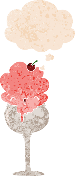 Düşünce baloncuğu ile tatlı çizgi film dondurma çöl grunge sıkıntılı retro dokuma tarzı bir insan tarafından çizilmiş