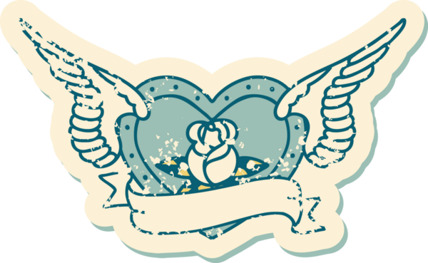 Bir insan tarafından çizilmiş çiçek ve pankartıyla uçan bir kalbin sembolik dövmeli resmi.